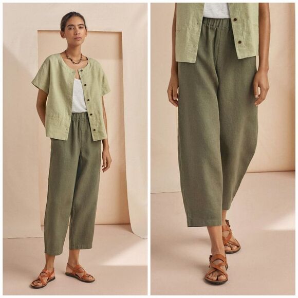 Poetry Garment Dyed Linen Pull On Relaxed Fit Cropped Pants Trousers in Grey 14 - Picture 8 of 8